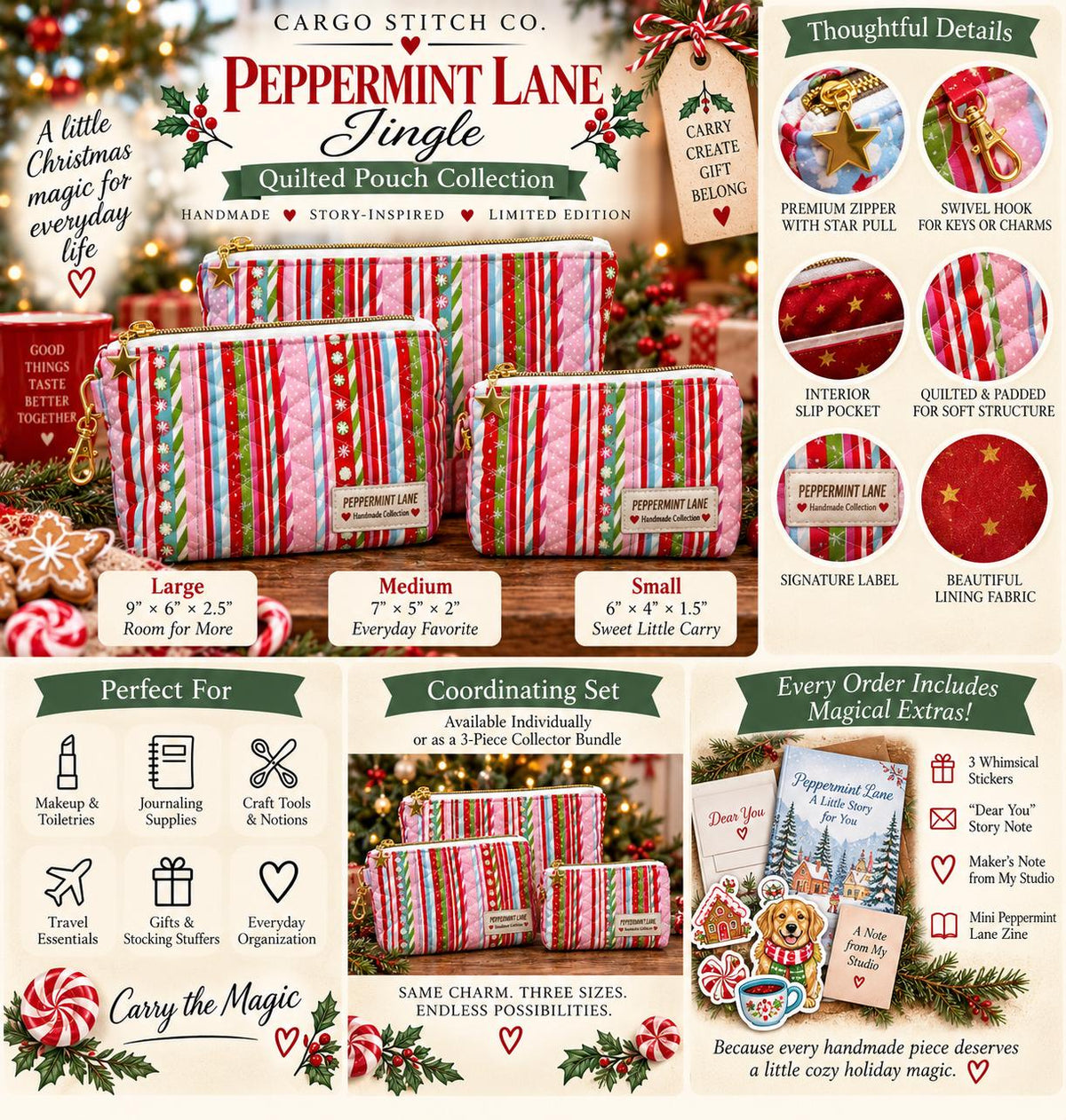 Christmas Quilted Zipper Pouch | Peppermint Lane Jingle | Handmade Holiday Makeup Bag | Small Medium Large