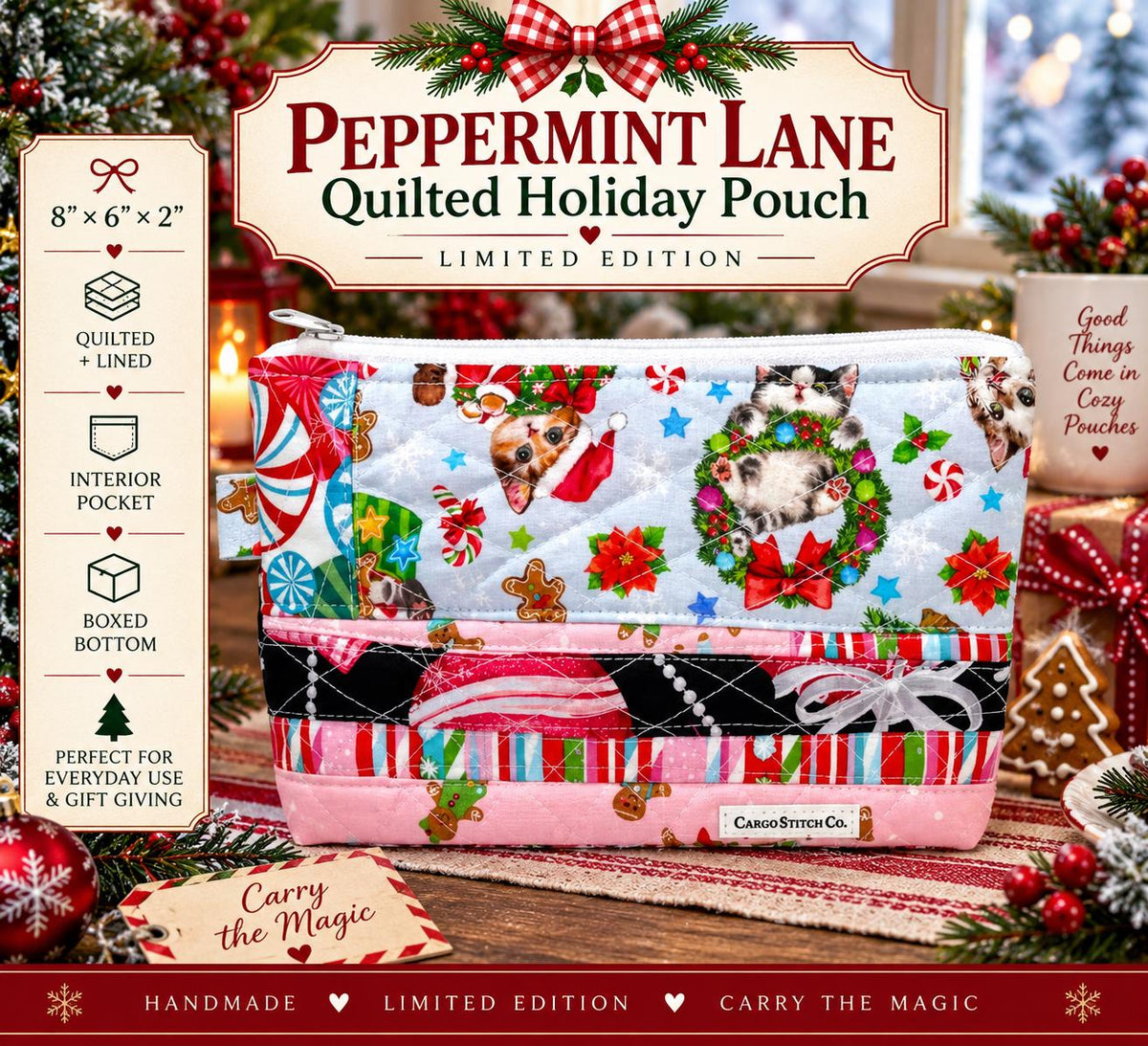 Peppermint Lane Quilted Christmas Pouch, Holiday Cat Zipper Bag, Handmade Makeup & Project Bag, Limited Edition