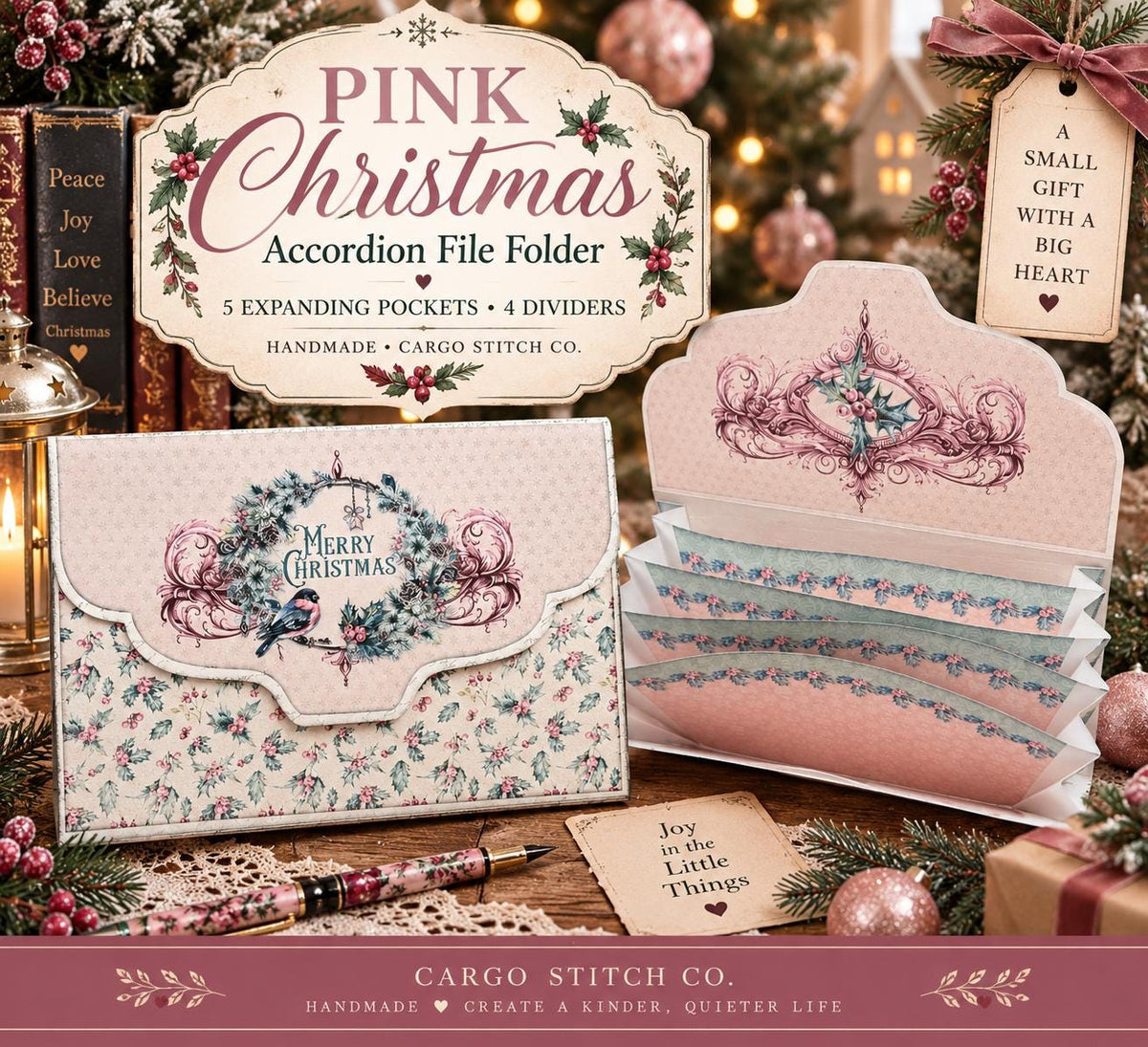 Pink Christmas Accordion File Folder, 5 Pocket Journal Organizer, Stocking Stuffer, Ephemera & Sticker Storage