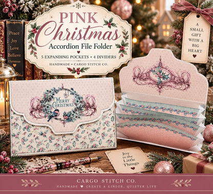 Pink Christmas Accordion File Folder, 5 Pocket Journal Organizer, Stocking Stuffer, Ephemera & Sticker Storage