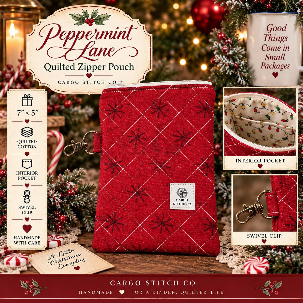 Red Christmas Quilted Zipper Pouch, 7x5 Holiday Organizer, Project Bag, Makeup & Craft Pouch, Peppermint Lane