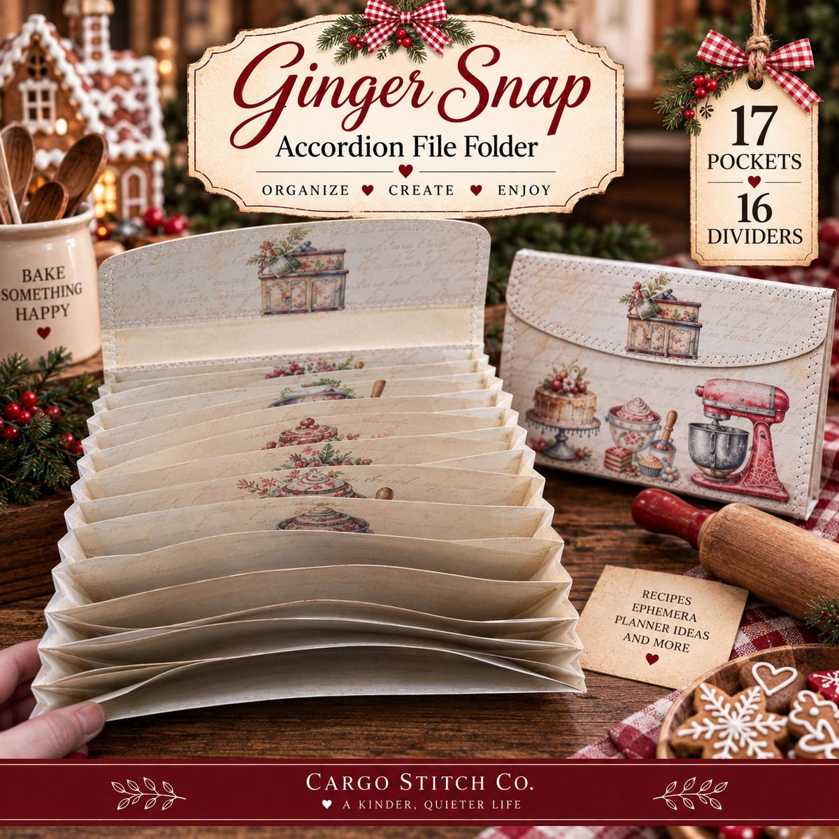 Christmas Baking Accordion File Folder, 17 Pocket Recipe & Ephemera Organizer, Holiday Junk Journal Storage