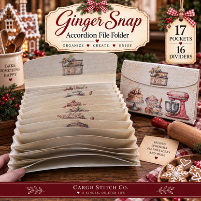 Christmas Baking Accordion File Folder, 17 Pocket Recipe & Ephemera Organizer, Holiday Junk Journal Storage