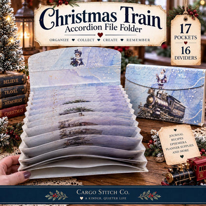 Christmas Train Accordion File Folder, 17 Pocket Ephemera Organizer, Junk Journal Storage, Holiday Paper Folder