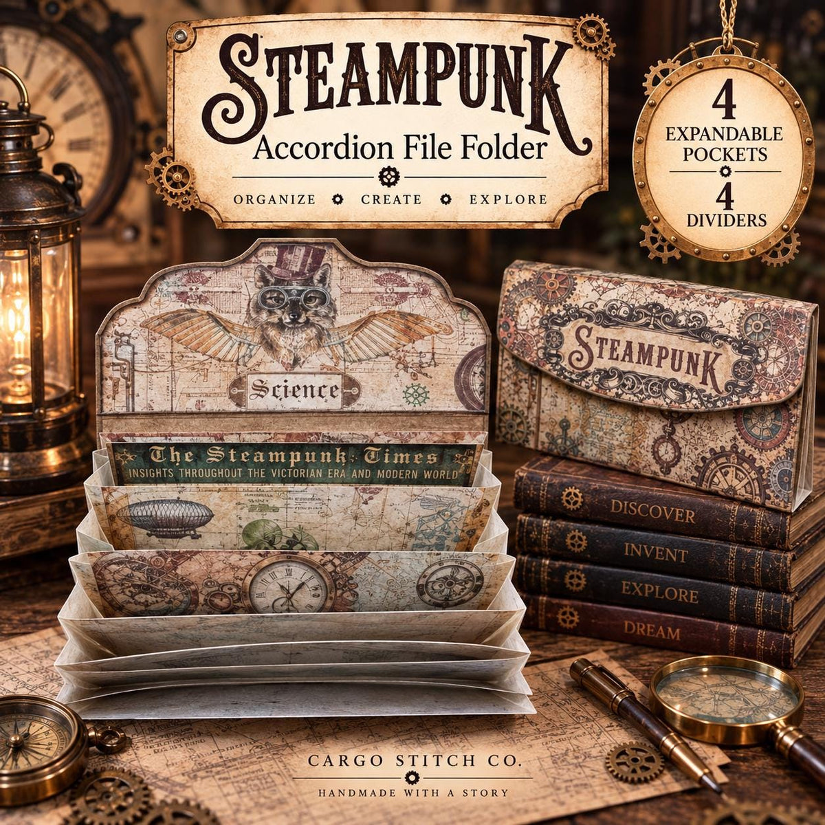 Steampunk Accordion File Folder, 4 Pocket Ephemera Organizer, Junk Journal Storage, Handmade Paper Folder