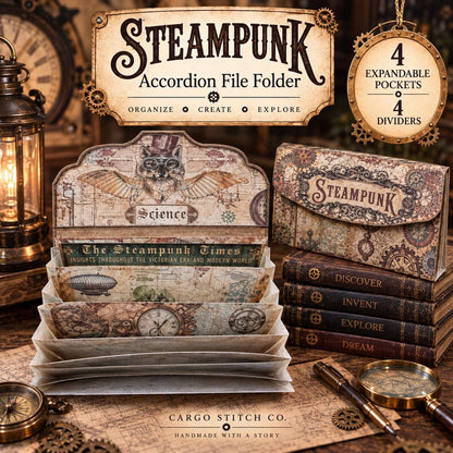Steampunk Accordion File Folder, 4 Pocket Ephemera Organizer, Junk Journal Storage, Handmade Paper Folder