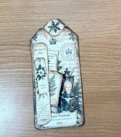 Handmade Loaded Tag Set, 4 Victorian Christmas Junk Journal Tags with Envelope & Ephemera, Eleanor’s Winter Conservatory