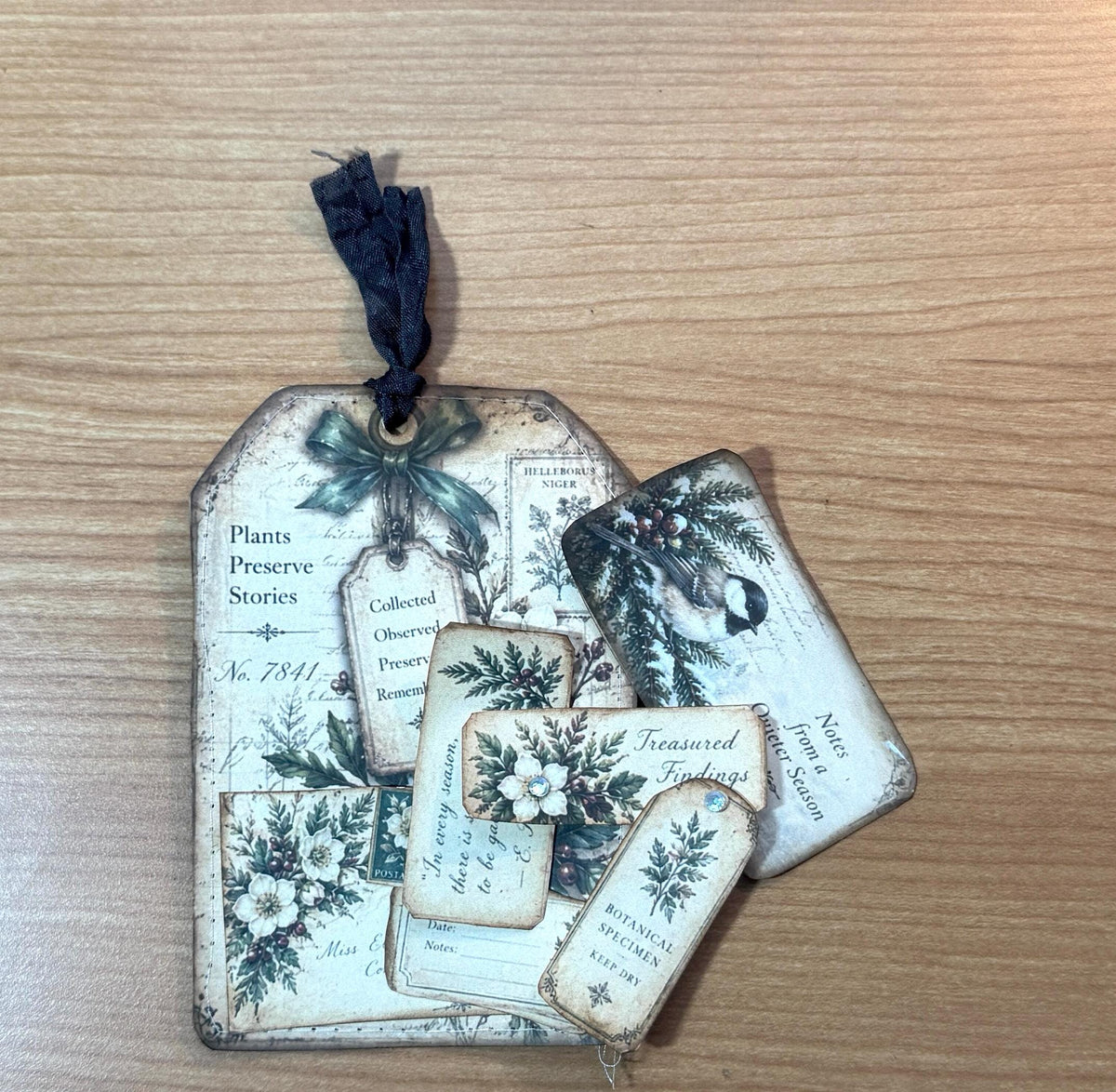 Handmade Loaded Tag Set, 4 Victorian Christmas Junk Journal Tags with Envelope & Ephemera, Eleanor’s Winter Conservatory