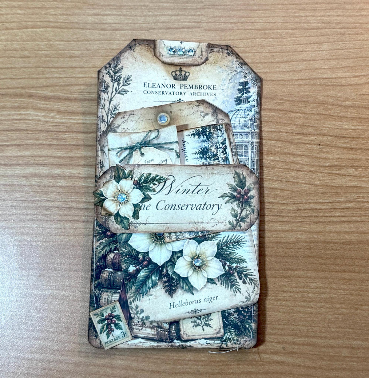 Handmade Loaded Tag Set, 4 Victorian Christmas Junk Journal Tags with Envelope & Ephemera, Eleanor’s Winter Conservatory