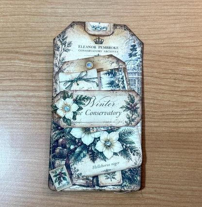 Handmade Loaded Tag Set, 4 Victorian Christmas Junk Journal Tags with Envelope & Ephemera, Eleanor’s Winter Conservatory