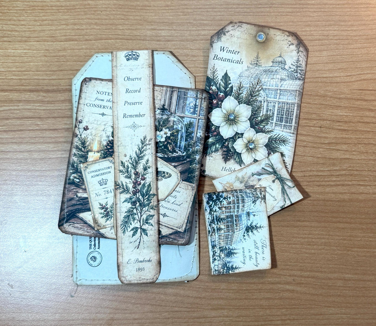 Handmade Loaded Tag Set, 4 Victorian Christmas Junk Journal Tags with Envelope & Ephemera, Eleanor’s Winter Conservatory