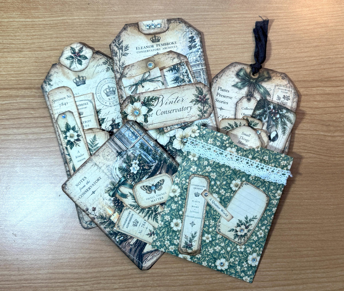 Handmade Loaded Tag Set, 4 Victorian Christmas Junk Journal Tags with Envelope & Ephemera, Eleanor’s Winter Conservatory