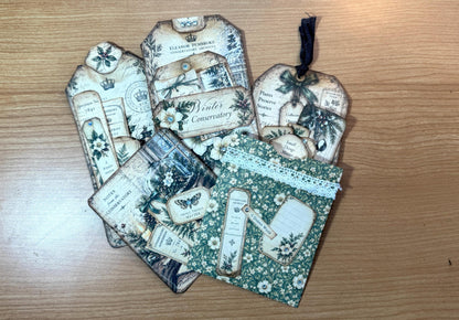 Handmade Loaded Tag Set, 4 Victorian Christmas Junk Journal Tags with Envelope & Ephemera, Eleanor’s Winter Conservatory