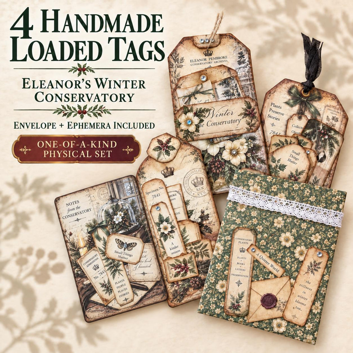 Handmade Loaded Tag Set, 4 Victorian Christmas Junk Journal Tags with Envelope & Ephemera, Eleanor’s Winter Conservatory