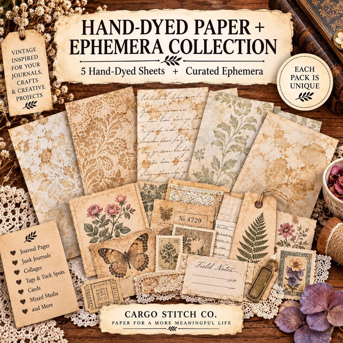 Coffee Dyed Paper & Tea Dyed Paper for Junk Journals | Handmade Stenciled, Mottled, Aged, Vintage Paper With Ephemera Pack