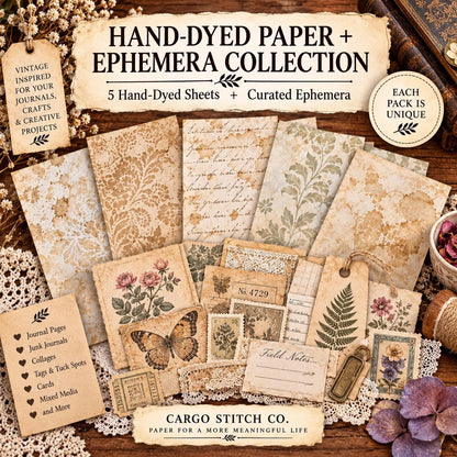 Coffee Dyed Paper & Tea Dyed Paper for Junk Journals | Handmade Stenciled, Mottled, Aged, Vintage Paper With Ephemera Pack