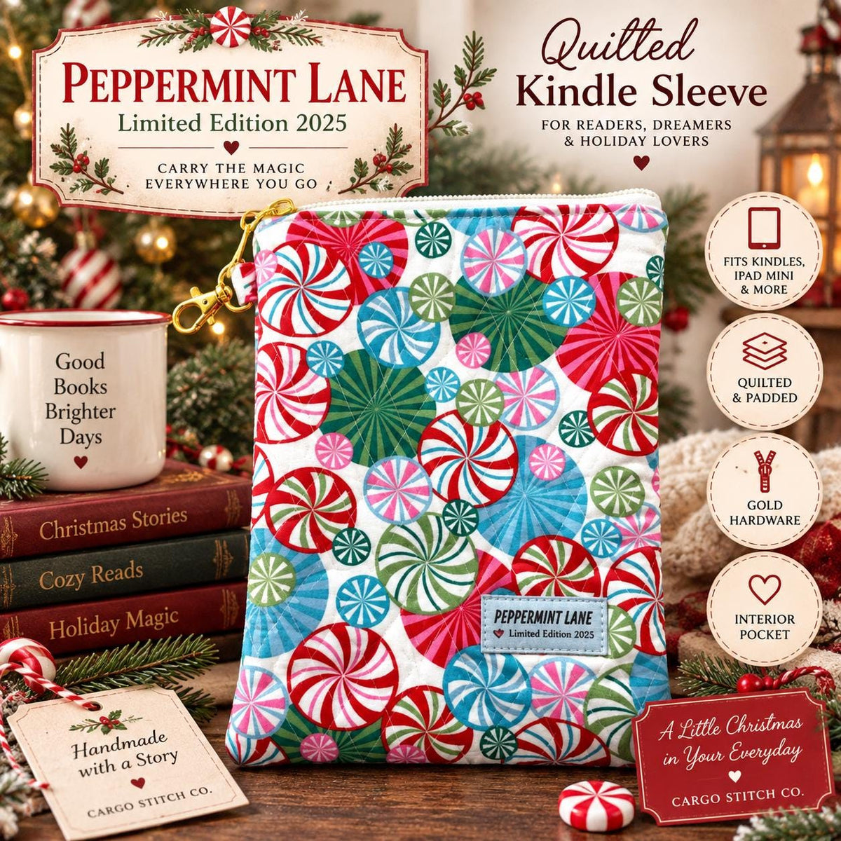 Christmas Kindle Sleeve, Quilted E-Reader Case, iPad Mini Sleeve, Peppermint Lane, Padded Tablet Case, Handmade Gift