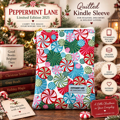 Christmas Kindle Sleeve, Quilted E-Reader Case, iPad Mini Sleeve, Peppermint Lane, Padded Tablet Case, Handmade Gift