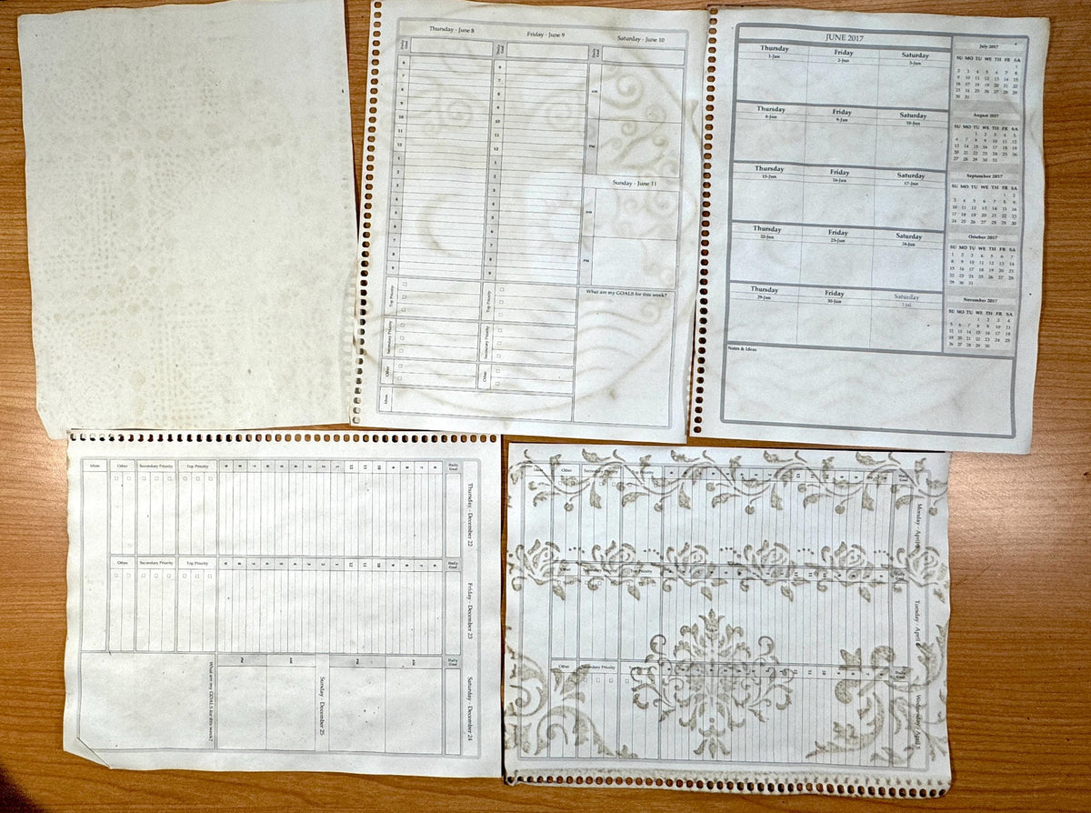 Reclaimed Coffee Dyed Paper Pack, Stenciled Planner Pages, Junk Journal Paper, Vintage Journal Ephemera, Handmade Paper