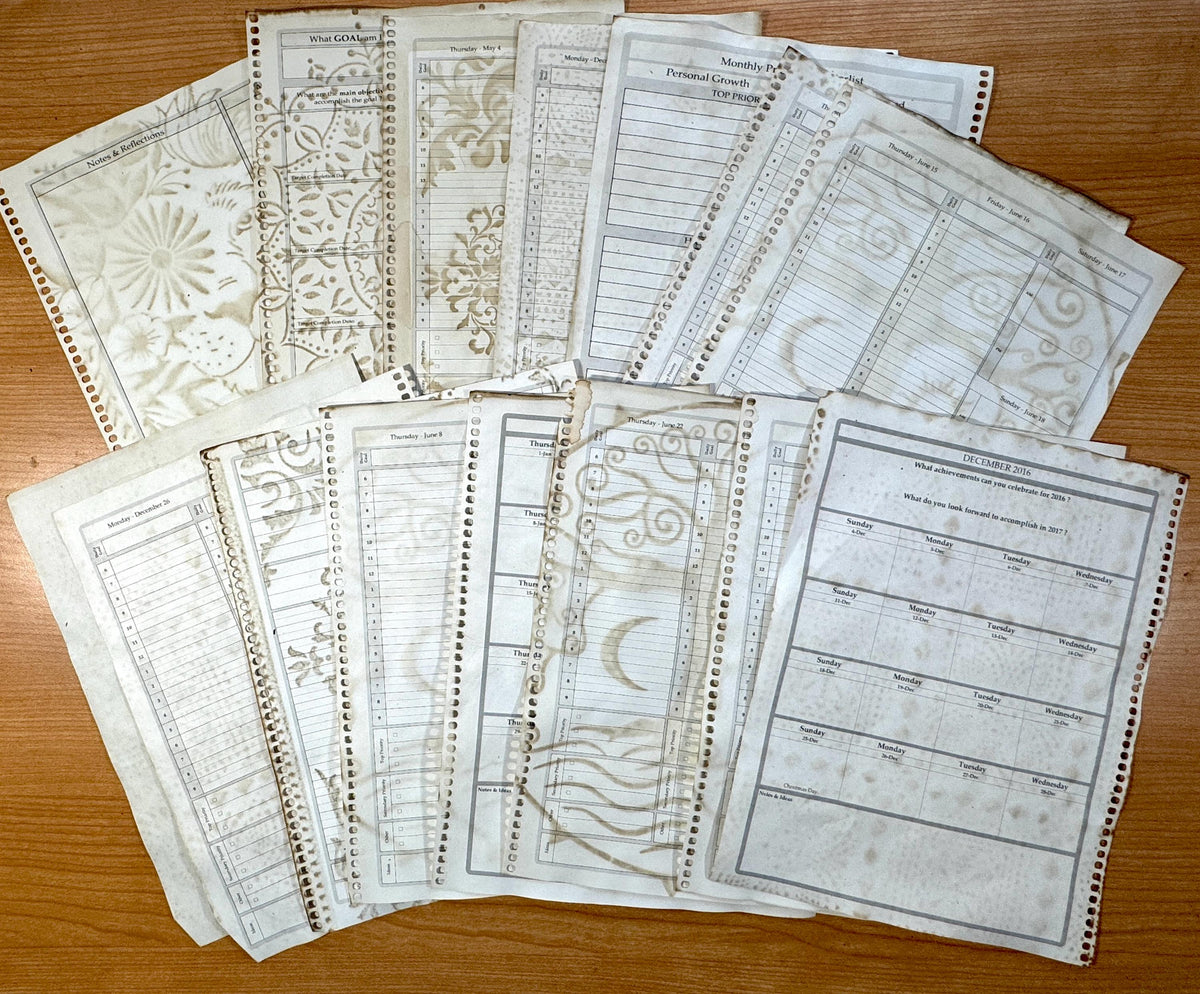 Reclaimed Coffee Dyed Paper Pack, Stenciled Planner Pages, Junk Journal Paper, Vintage Journal Ephemera, Handmade Paper