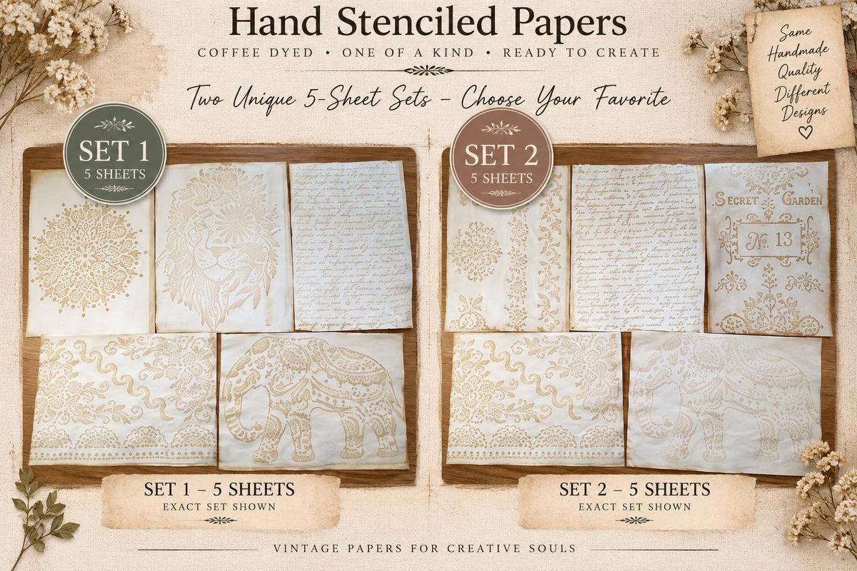 Hand Dyed Stenciled Paper, 5 Sheet Junk Journal Paper Set, Vintage Handmade Paper, Exact Set Shown, Journal Supplies