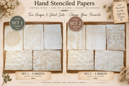 Hand Dyed Stenciled Paper, 5 Sheet Junk Journal Paper Set, Vintage Handmade Paper, Exact Set Shown, Journal Supplies