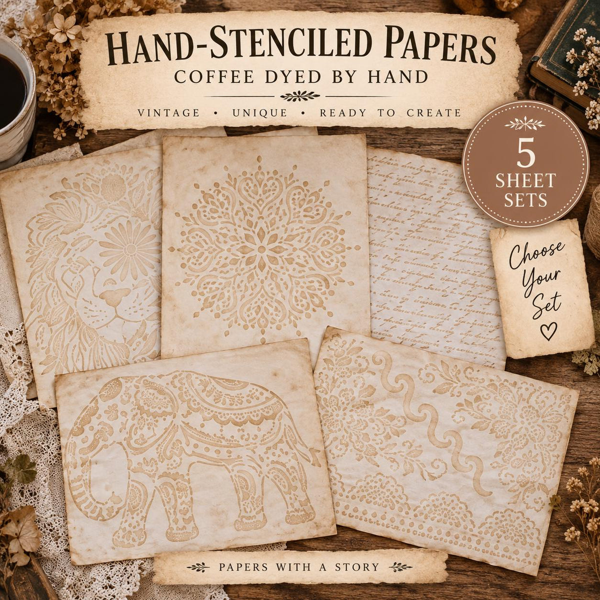 Hand Dyed Stenciled Paper, 5 Sheet Junk Journal Paper Set, Vintage Handmade Paper, Exact Set Shown, Journal Supplies