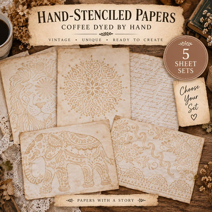 Hand Dyed Stenciled Paper, 5 Sheet Junk Journal Paper Set, Vintage Handmade Paper, Exact Set Shown, Journal Supplies