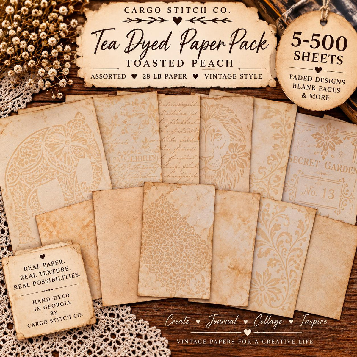 Hand Dyed Coffee Junk Journal Paper, Tea-Stained Paper, Stenciled, Mottled, Vintage Craft Ephemera, Bulk Paper Packs 5-500 Sheets