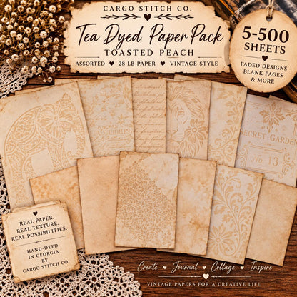 Hand Dyed Coffee Junk Journal Paper, Tea-Stained Paper, Stenciled, Mottled, Vintage Craft Ephemera, Bulk Paper Packs 5-500 Sheets