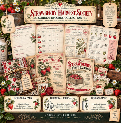 Strawberry Harvest Society Garden Records | Junk Journal Ephemera Pack | Vintage Strawberry Botanical Papers | Handmade Journal