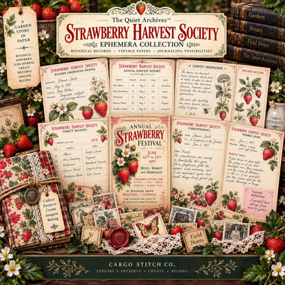 Strawberry Harvest Society Junk Journal Ephemera Pack, Vintage Botanical Garden Journal, Strawberry Paper Craft Bundle