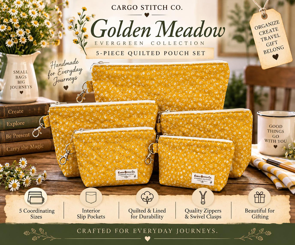 Golden Meadow Quilted Pouch Set | 5 Piece Zipper Pouch Bundle | Handmade Cosmetic Craft Travel Bags | Evergreen Collection