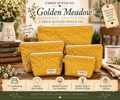 Golden Meadow Quilted Pouch Set | 5 Piece Zipper Pouch Bundle | Handmade Cosmetic Craft Travel Bags | Evergreen Collection