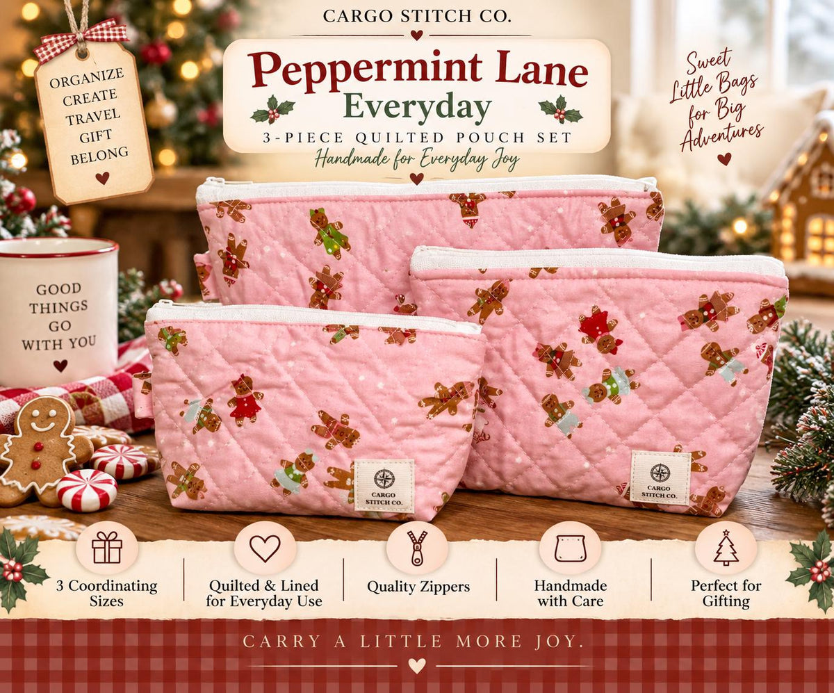 Pink Gingerbread Quilted Pouch Set | 3 Piece Christmas Zipper Pouch Set | Makeup Cosmetic Travel Bags | Peppermint Lane