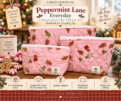 Pink Gingerbread Quilted Pouch Set | 3 Piece Christmas Zipper Pouch Set | Makeup Cosmetic Travel Bags | Peppermint Lane