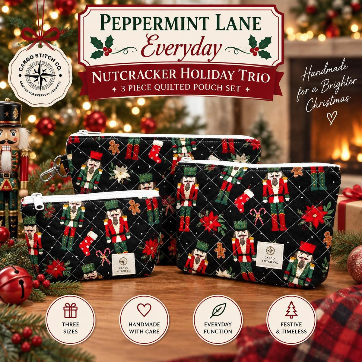 Nutcracker Christmas Quilted Pouch Set | 3 Piece Zipper Pouch Bundle | Holiday Makeup Travel Bags | Peppermint Lane