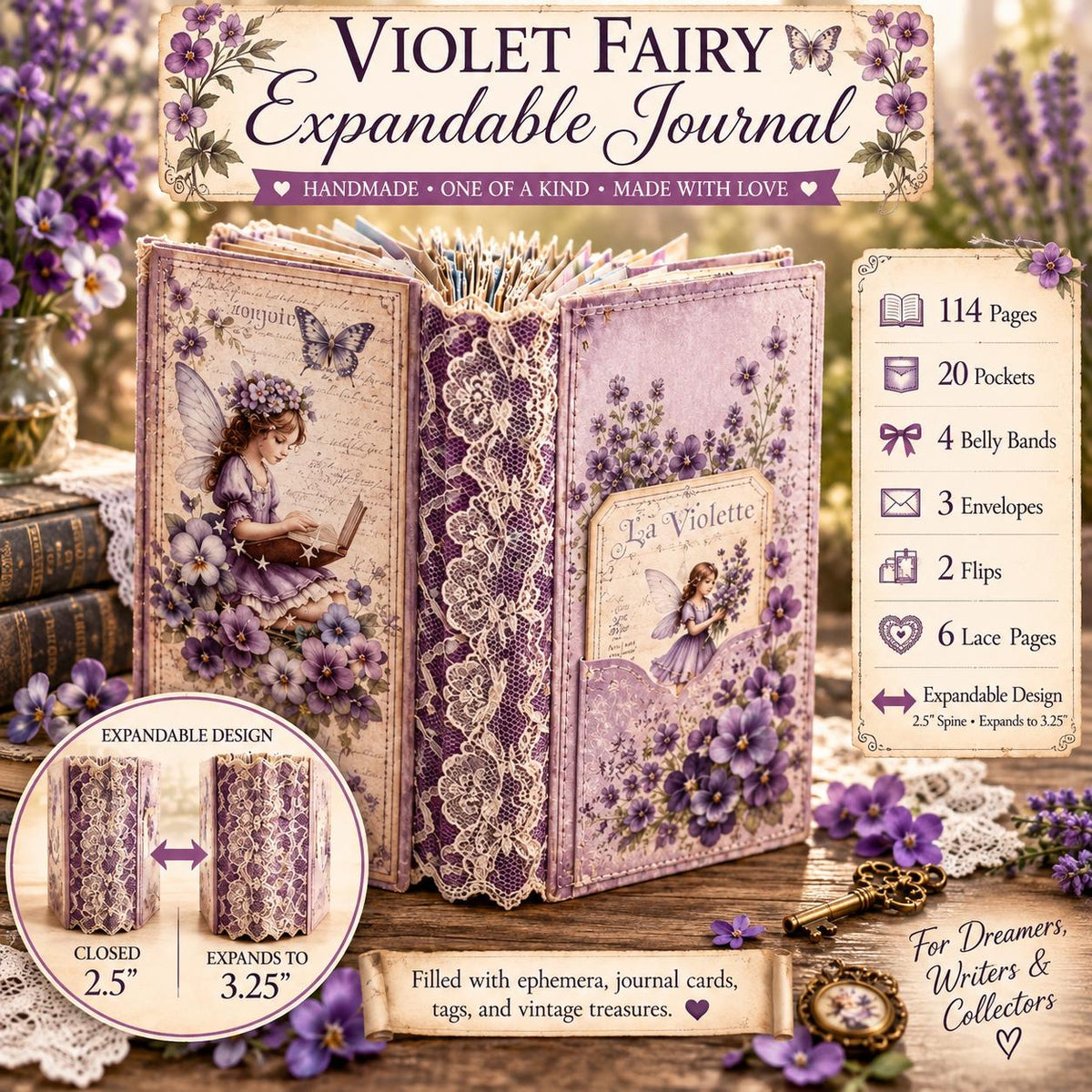 Violet Fairy Expandable Junk Journal | Handmade Fairy Journal | 114 Pages | Fabric Spine | Ephemera & Fabric Bundle