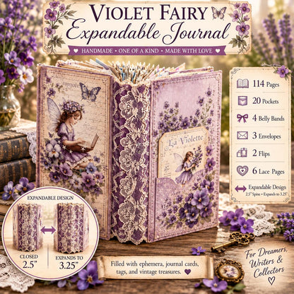 Violet Fairy Expandable Junk Journal | Handmade Fairy Journal | 114 Pages | Fabric Spine | Ephemera & Fabric Bundle