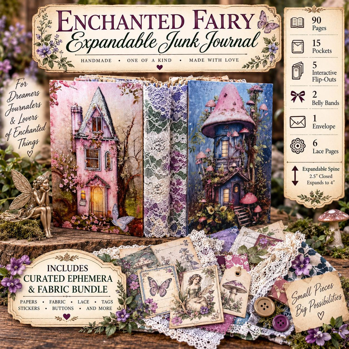 Enchanted Fairy Expandable Junk Journal | Handmade Fairy Journal | 90 Pages | 15 Pockets | Ephemera & Fabric Bundle