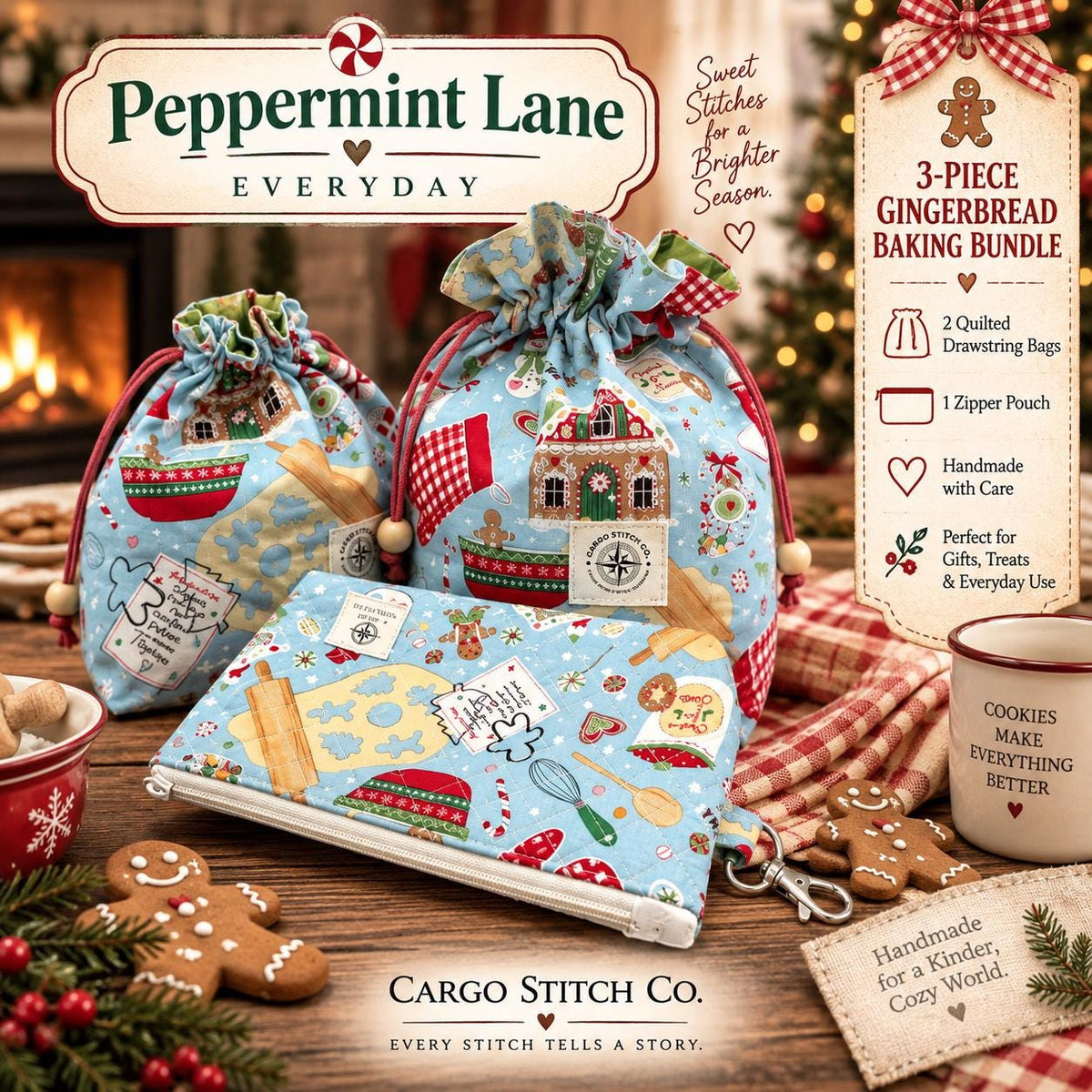 Gingerbread Christmas Gift Bag Set | 3 Piece Quilted Holiday Bundle | Drawstring Bags & Zipper Pouch | Peppermint Lane