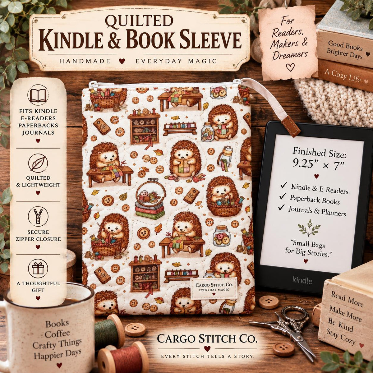 Kindle Sleeve with Zipper | Quilted E-Reader Case | Book Sleeve for Paperback & Journal | Hedgehog Sewing Gift