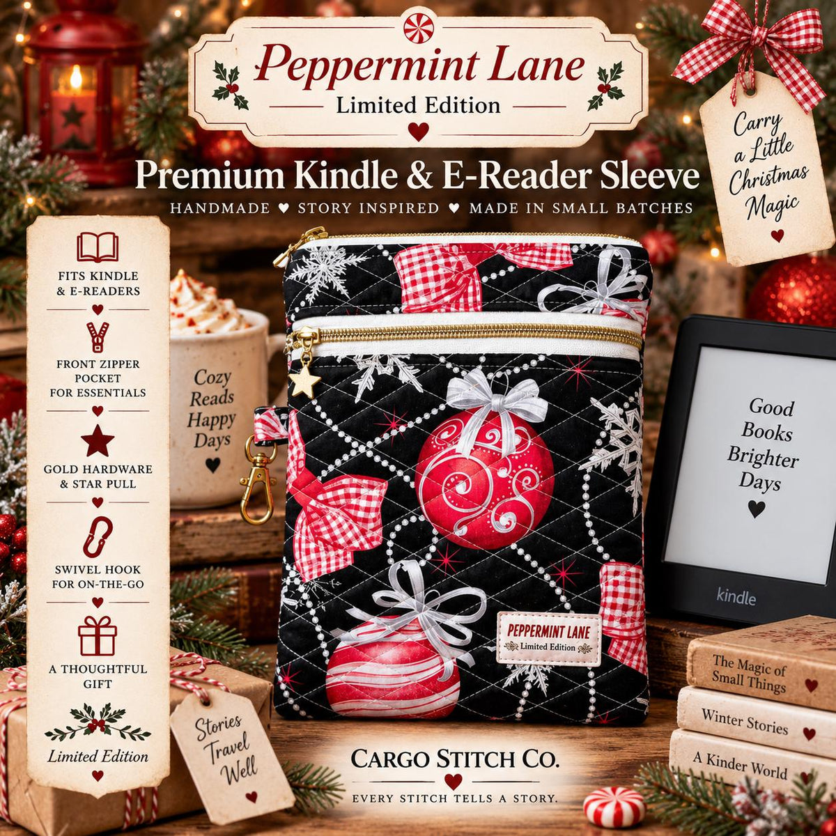 Christmas Kindle Sleeve with Pocket | Quilted E-Reader Case | Black Ornament Kindle Case | Peppermint Lane Limited Edition