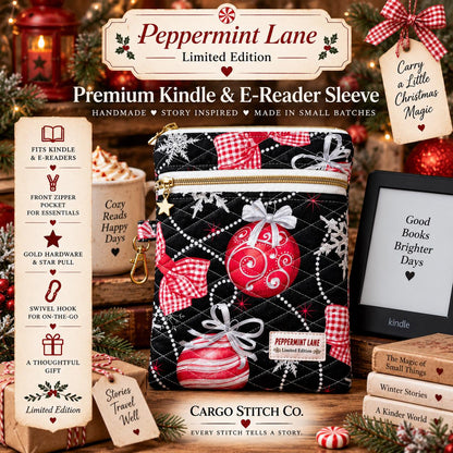 Christmas Kindle Sleeve with Pocket | Quilted E-Reader Case | Black Ornament Kindle Case | Peppermint Lane Limited Edition