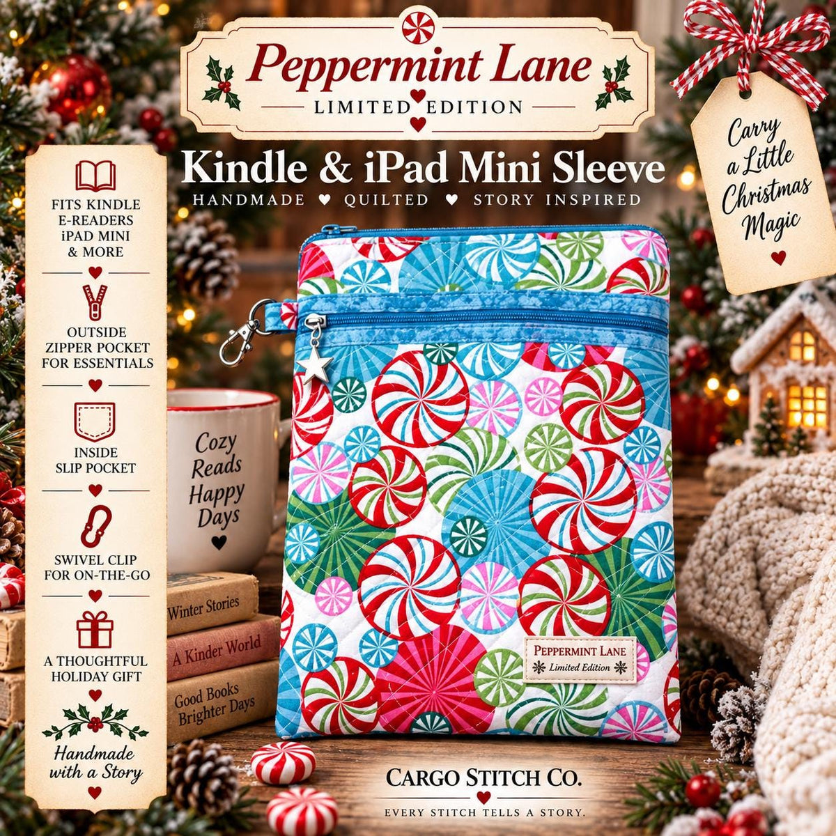 Peppermint Kindle Sleeve with Pocket | Quilted E-Reader Case | iPad Mini Sleeve | Peppermint Lane Limited Edition