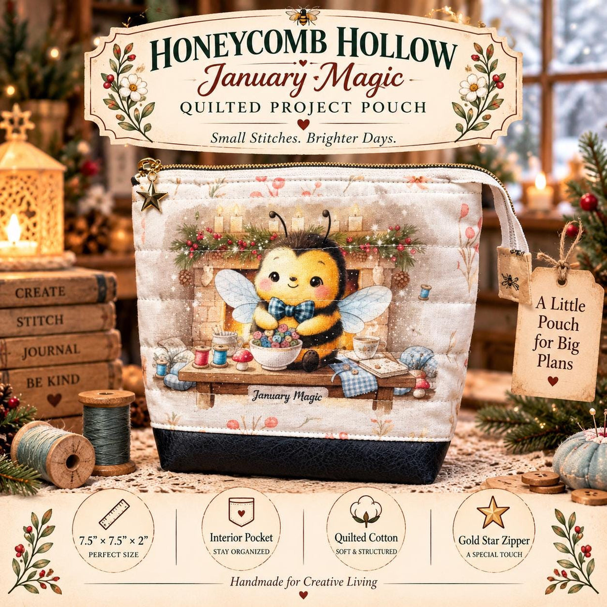 Honeycomb Hollow Quilted Project Pouch Medium | Bee Zipper Bag | Journal & Craft Supply Organizer | January Magic