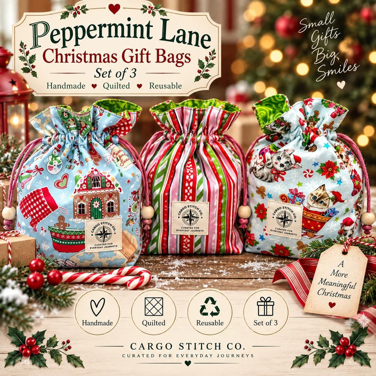 Christmas Drawstring Gift Bags Set of 3 | Reusable Fabric Gift Bags | Quilted Holiday Bags | Peppermint Lane