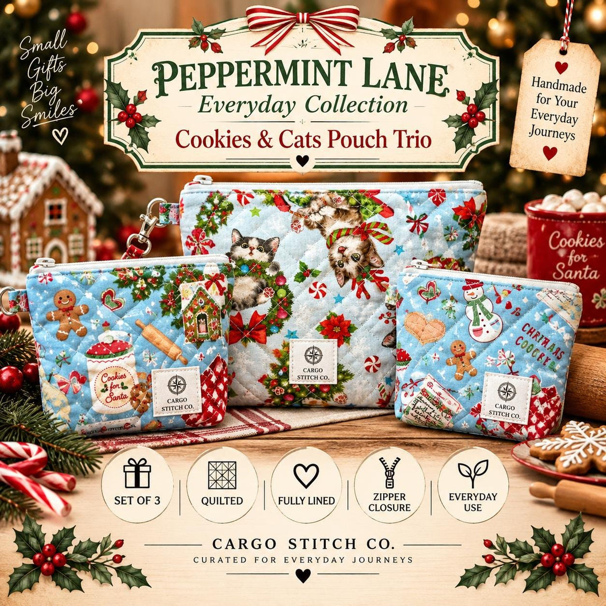 Christmas Zipper Pouch Set | 3 Piece Quilted Pouch Bundle | Gingerbread & Holiday Cats | Peppermint Lane