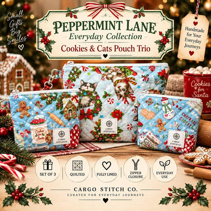 Christmas Zipper Pouch Set | 3 Piece Quilted Pouch Bundle | Gingerbread & Holiday Cats | Peppermint Lane
