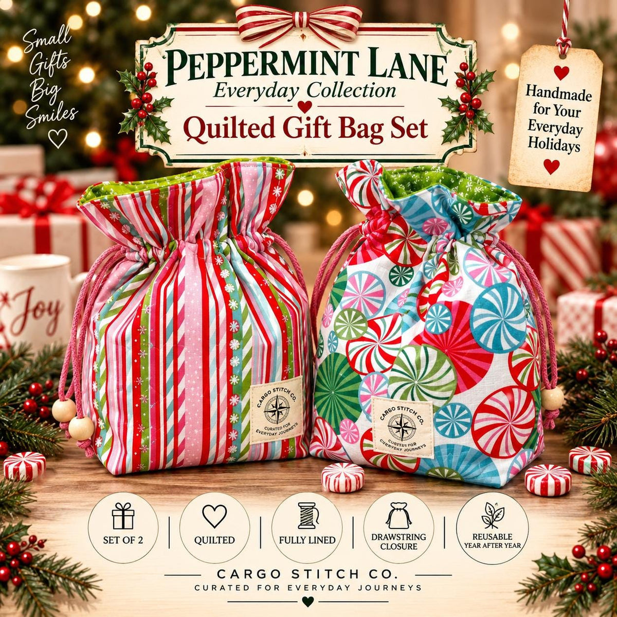 Christmas Drawstring Gift Bags Set | 2 Quilted Reusable Gift Bags | Peppermint Candy Cane Holiday Bags | Peppermint Lane